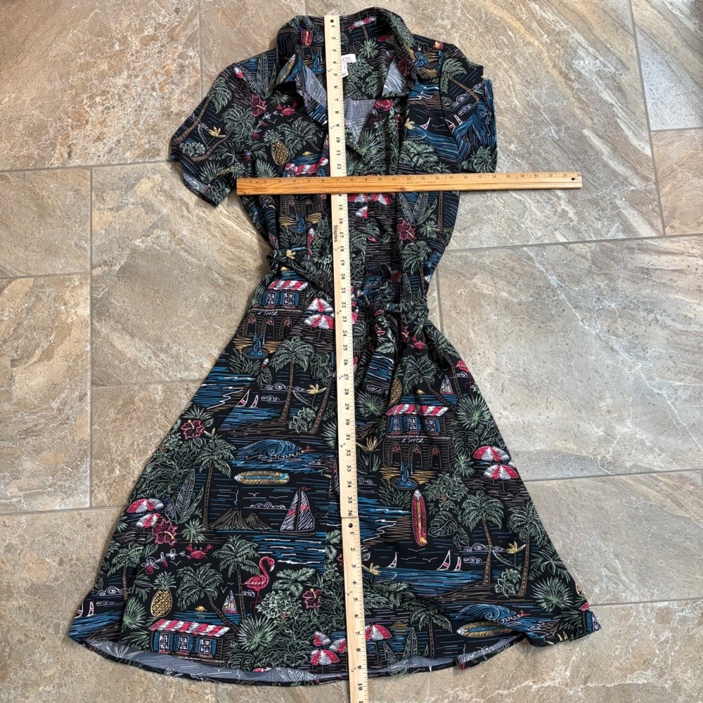 Denim & Co Tropical Beach Print Shirt Dress Black Short Sleeve Belted Womens M - Picture 4 of 7